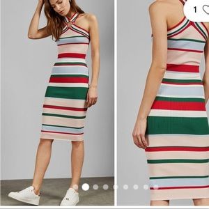 Ted Baker Striped Halter Ribbed Bodycon Midi Dress: please see description